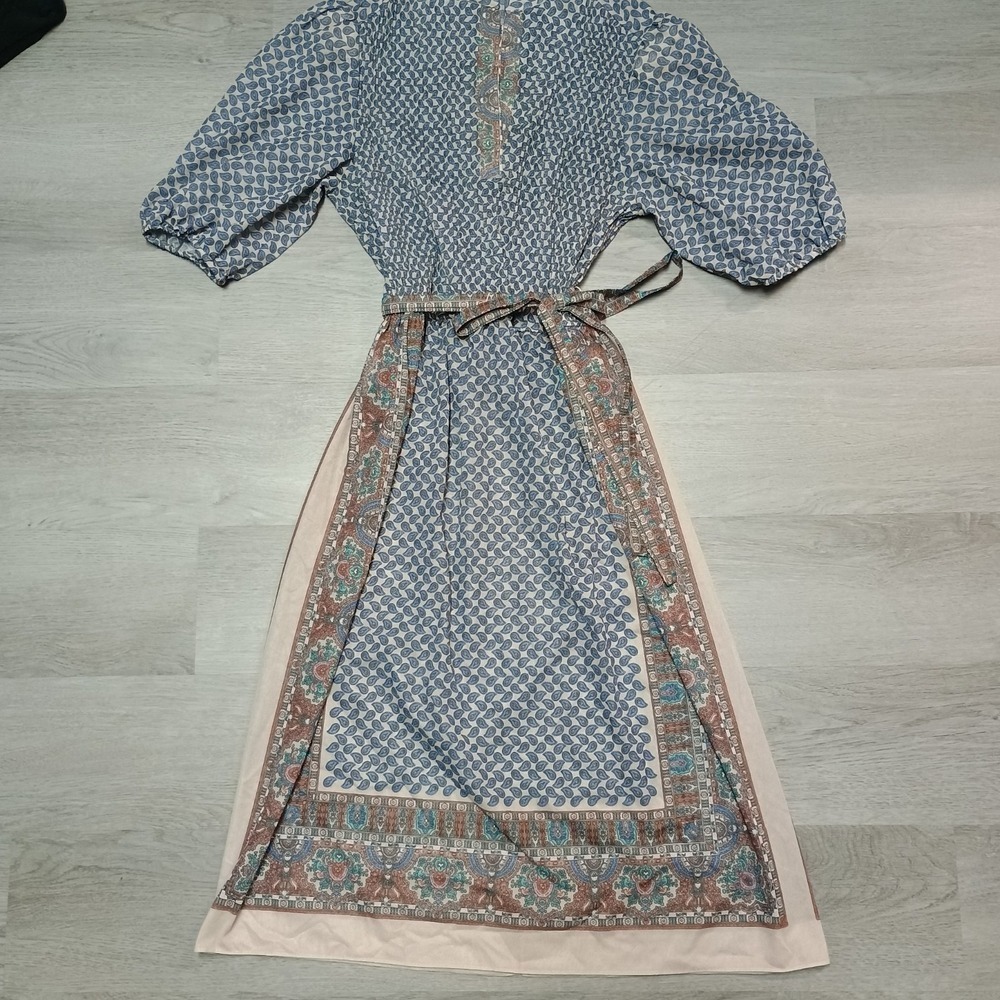 Vintage Taurus II Hankerchief Print Tie Waist V Neck paisley Blue Dress Size 14